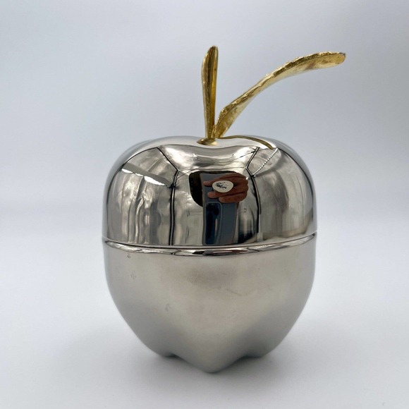 Unbranded Other - Silver Trinket Box Apple Shaped w Gold Brass Toned Metal Handle Home Decor